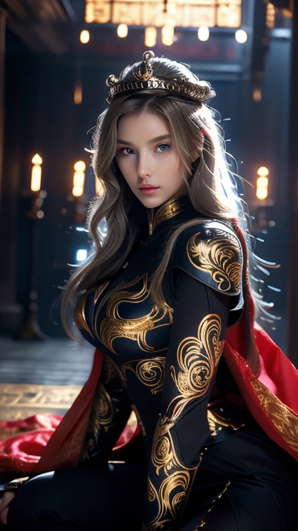 ((Highest quality)), ((masterpiece)), (Very detailed:1.3),Woman in black armor, Long Hair. Right hand holds a high-grade sword, Armor fight scene, Very cute face, Very slim body, Very slim, Narrow waist, Super perfect big , Perfect big round breasts, Smooth Skin, Silky Hair, blue eyes, , Red Robe,Blue hijab with princess crown , Luxurious golden patterned armor, blonde, Fighting Style, Red lips, blush, Erect nipples