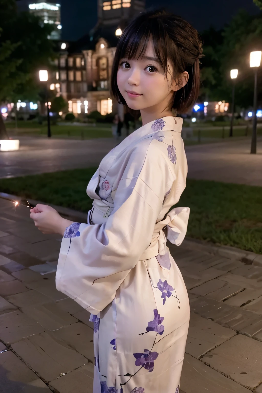8K, RAW Photo, Best Quality, Masterpiece, Realistic, PhotoRealistic, Extremely Detailed 8K Wallpaper, (Beautifully Detailed Eyes), Finely Detailed Face, 
 BREAK 
Professional Lighting, 
 BREAK 
(A Girl is Playing Japanese Sparkler with Own Hand Extending to the Viewer:1.6), Pointing Fireworks to the Viewer:1.0, 
(Light Evening:1.2), 
(marunouchiekimaehiroba:1.2), 
((lamppost, tree, scenery, building, sky, clock, city, real world location, road, street, window, cityscape, pavement)), 
 BREAK 
Perfectly Anatomically Correct:1.8, 5 Beautiful finger:1.8, 
 BREAK 
1 Girl, Very Short Hair Bun:1.2, Japanese, Kawaii, Wide-Set Eyes, Very White Skinned, Blush, Embarrassed, 17-Year-Old, 
(Captivating Eye Reflections), 
Brown Hair, Wet Hair, Smiling, [Pouted Cheek], Open Mouse Slightly, 
(Japanese Yukata:1.4), 
Looking Back Viewer, 
 BREAK 
[SFW:1.0, Non-Nipple:1.0], 
 BREAK 
by Telephoto Lens, Low Angle Shot, Eye Focus:1.0, Bokeh:1.1, from Back:1.0, from Side:1.0, 
[Dynamic Angle]