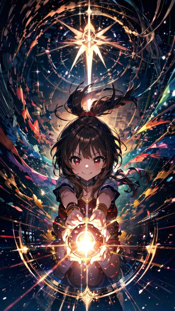 (Highest quality),(masterpiece), 8k,Very detailed, Detailed light, Best Shadow,Detailed reflective eyes, Beautiful Eyes, Very detailedな顔,Shiny Hair,One person,Gloss,semi-long,Dark brown hair,Red eyes,smile,whole body,front,KonoSuba,A blessing to this wonderful world!,Megumin,Megumin,Cane,magic circle,darkness,face is dirty for painting,Dynamic Angle,