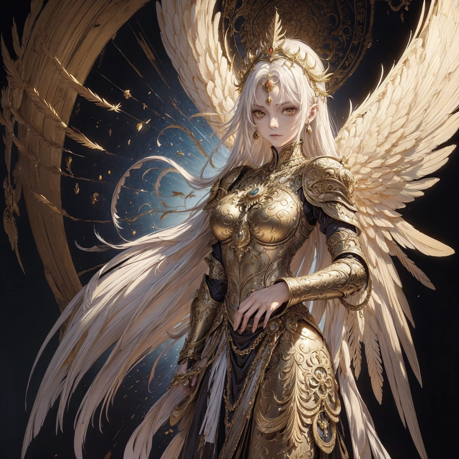 Art of elderly mature woman wearing sun crown, Wearing ornate golden breastplate that exposes a small amount of skin above the chest, A pair of armored angelic wings spreading out behind the woman and the wings have extremely long size feather that even taller than the woman's body, Ancient goddess art, Sacredness. Very detailed, Mysterious inspiration, Inspiration from the Sun God, Religious inspiration, Cold and snobbish face, No smile, Dangerous impersonal expressions, White hair, Standing, Full body portrait, Gothic art style, Weird art style, Occult art