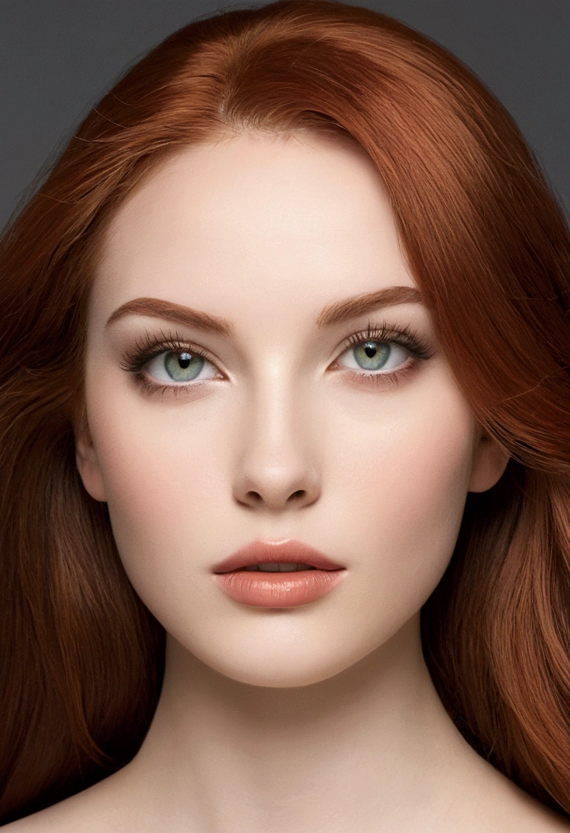 A young woman with an oval face, characterized by balanced proportions and a gently rounded hairline. She is 20 years old. Her eyes are almond-shaped with a slight upward tilt at the outer corners, giving them a seductive, cat-like appearance. Her irises are a mesmerizing light blue-green, ahegao, framed by long, dark lashes that enhance their allure. Her well-defined, slightly arched eyebrows match her rich auburn hair color, perfectly framing her captivating eyes.
She has a small, straight nose with a slightly upturned tip, adding a delicate touch to her profile. Her lips are full and sensuous, naturally shaped with a well-defined cupid's bow, and have a soft pink hue that adds a touch of innocence to her otherwise striking features.
Her skin is fair and porcelain-like, with a smooth texture and cool, rosy undertones that highlight her natural beauty. Her vibrant red hair, with warm coppery undertones and subtle lighter streaks, falls slightly past her shoulders. The hair is smooth and straight, with a slight natural wave towards the ends, adding volume and movement. Her hair is center-parted, enhancing her symmetrical and balanced look, and creating a sleek, sophisticated silhouette. She has big .