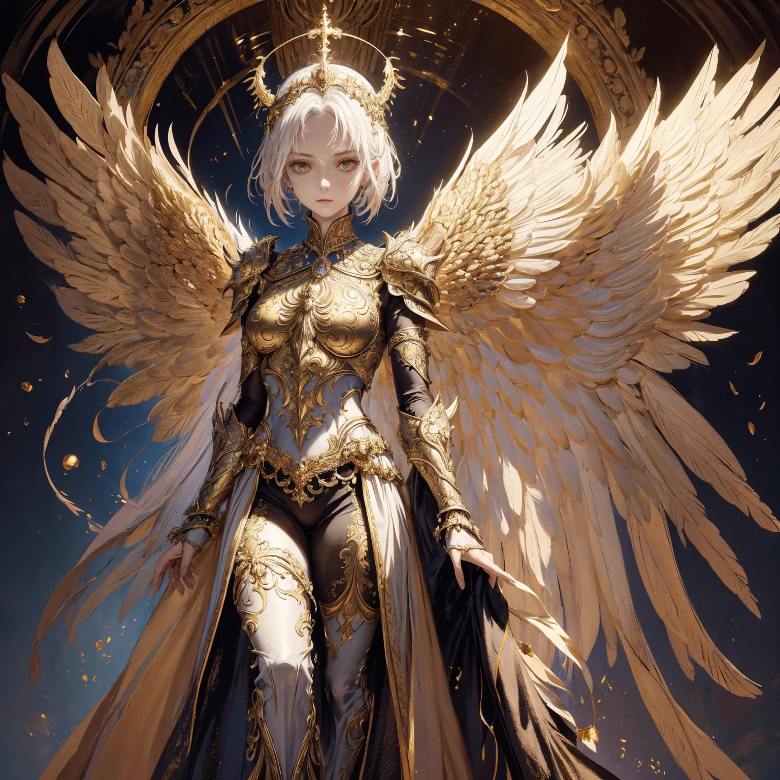 Art of elderly mature woman wearing sun crown, Wearing ornate golden breastplate that exposes a small amount of skin above the chest, A pair of armored angelic wings spreading out behind the woman and the wings have extremely long size feather that even taller than the woman's body, Ancient goddess art, Sacredness. Very detailed, Mysterious inspiration, Inspiration from the Sun God, Religious inspiration, Cold and snobbish face, No smile, Dangerous impersonal expressions, White hair, Standing, Full body portrait, Gothic art style, Weird art style, Occult art