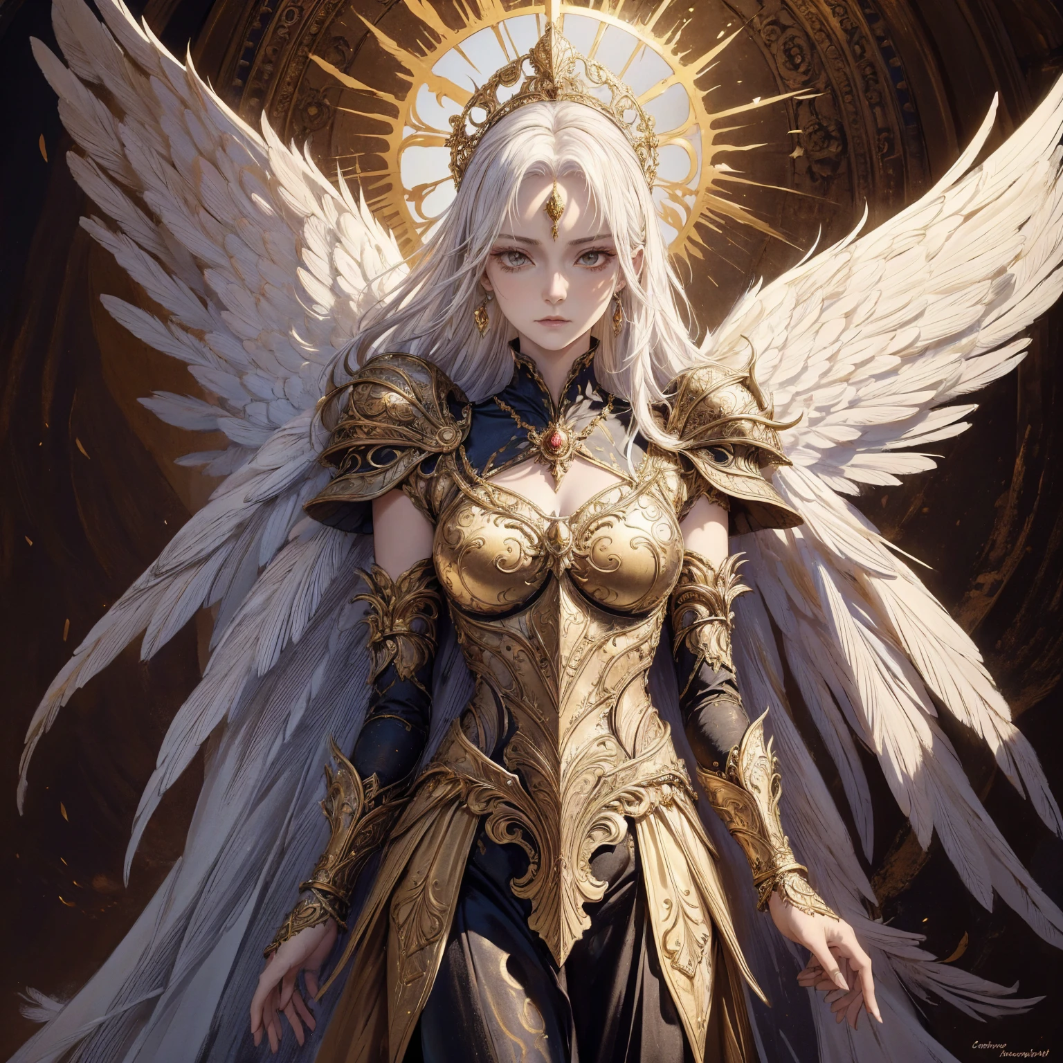 Art of elderly mature woman wearing sun crown, Wearing ornate golden breastplate that exposes a small amount of skin above the chest, A pair of armored angelic wings spreading out behind the woman and the wings have extremely long size feather that even taller than the woman's body, Ancient goddess art, Sacredness. Very detailed, Mysterious inspiration, Inspiration from the Sun God, Religious inspiration, Cold and snobbish face, No smile, Dangerous impersonal expressions, White hair, Standing, Full body portrait, Gothic art style, Weird art style, Occult art