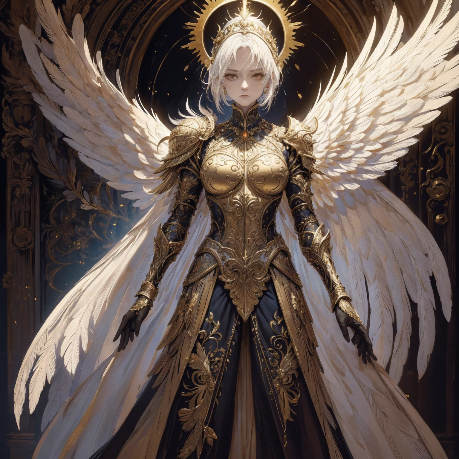 Art of elderly mature woman wearing sun crown, Wearing ornate golden breastplate that exposes a small amount of skin above the chest, A pair of armored angelic wings spreading out behind the woman and the wings have extremely long size feather that even taller than the woman's body, Ancient goddess art, Sacredness. Very detailed, Mysterious inspiration, Inspiration from the Sun God, Religious inspiration, Cold and snobbish face, No smile, Dangerous impersonal expressions, White hair, Standing, Full body portrait, Gothic art style, Weird art style, Occult art