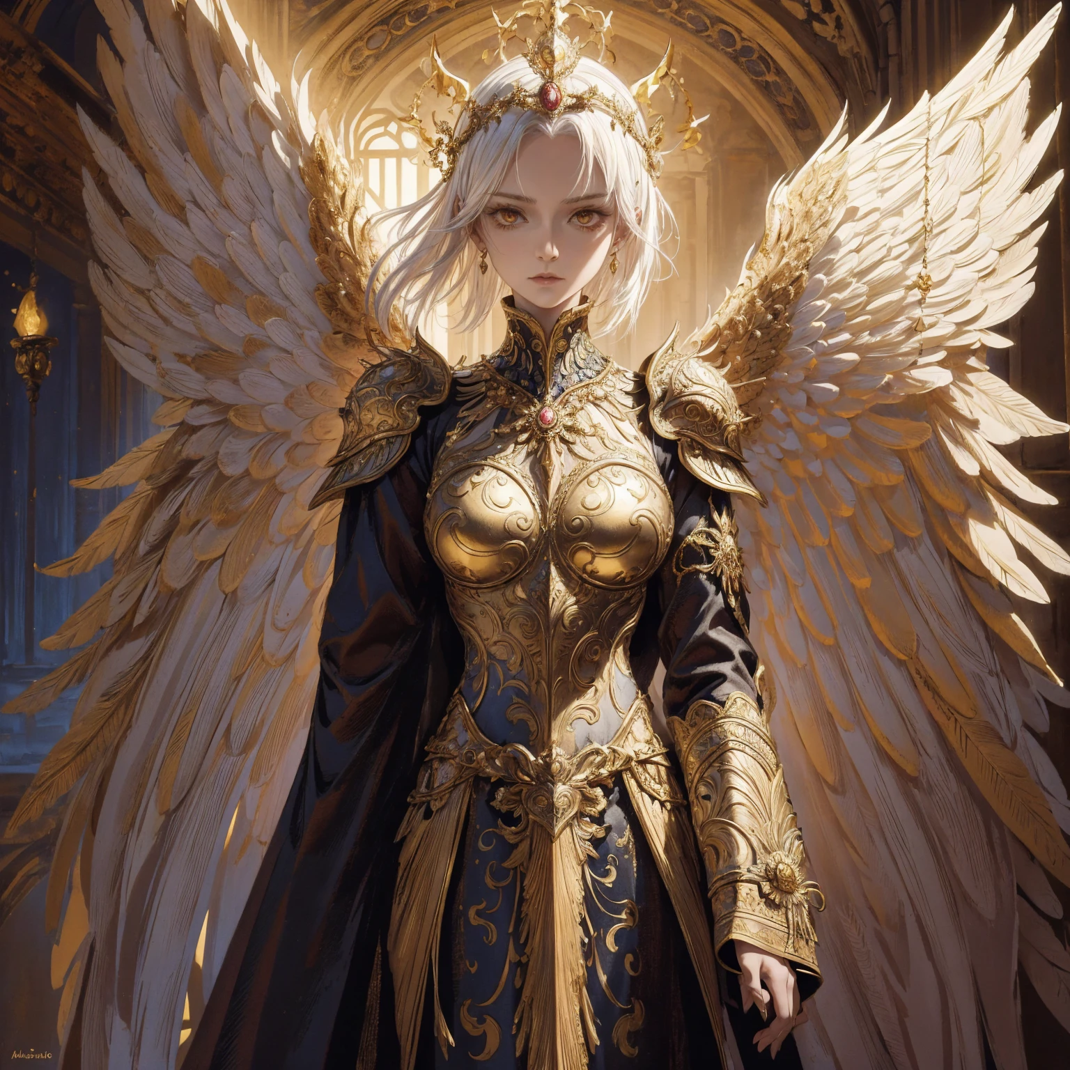 Art of elderly mature woman wearing sun crown, Wearing ornate golden breastplate that exposes a small amount of skin above the chest, A pair of armored angelic wings spreading out behind the woman and the wings have extremely long size feather that even taller than the woman's body, Ancient goddess art, Sacredness. Very detailed, Mysterious inspiration, Inspiration from the Sun God, Religious inspiration, Cold and snobbish face, No smile, Dangerous impersonal expressions, White hair, Standing, Full body portrait, Gothic art style, Weird art style, Occult art