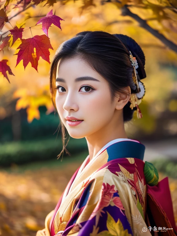 (Highest quality、 8k 、masterpiece、High resolution)、 Japanese painting、Vibrant colors、A woman wearing a kimono、(Detailed face,Beautiful Face,Beautiful Eyes,Beautiful nose,Pretty lips)、Japanese garden、Autumn scenery、autumn leaves、Starry Sky、Susuki、Detailed Description、