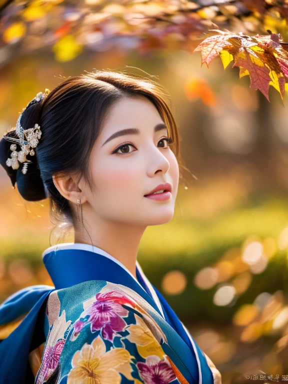 (Highest quality、 8k 、masterpiece、High resolution)、 Japanese painting、Vibrant colors、A woman wearing a kimono、(Detailed face,Beautiful Face,Beautiful Eyes,Beautiful nose,Pretty lips)、Japanese garden、Autumn scenery、autumn leaves、Starry Sky、Susuki、Detailed Description、