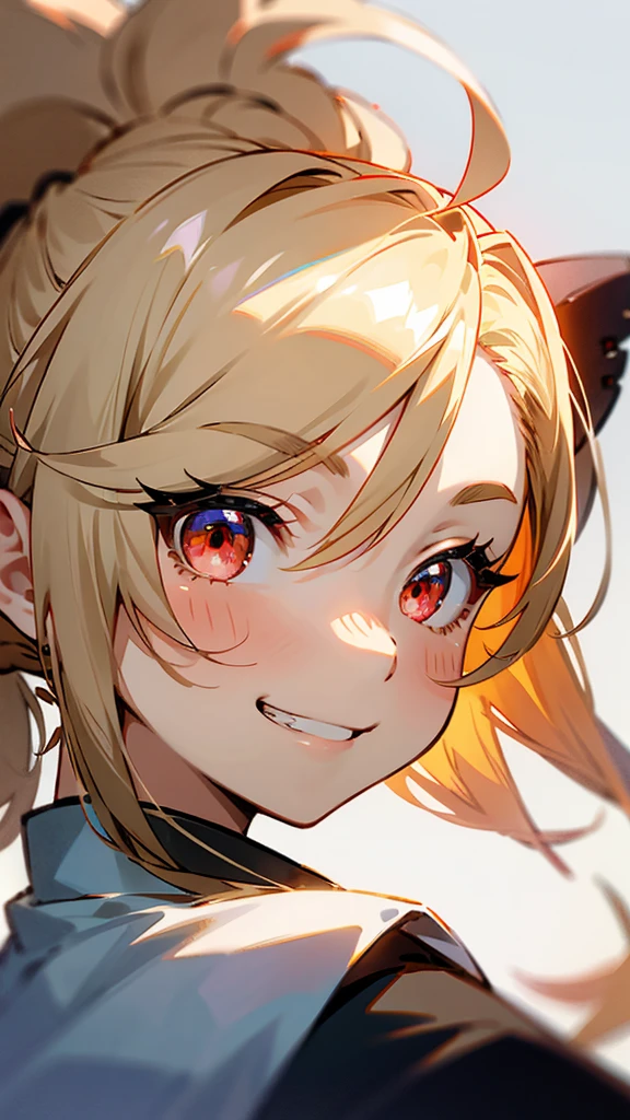 1 girl、Anime Images、blonde、ponytail、Round red eyes、Ahoge、Grin、From the side、Upper body close-up