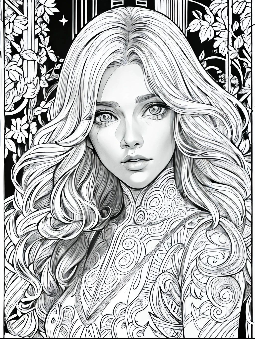 (Black and white coloring book:1.5), line drawings, masterpiece, best quality, ultra-detailed, high resolution, Very detailed face, (Eyes clear and distinct lines), Hair is white color, Upper Body shot, Woman in evening dress like in a Hollywood movie, Hyper detailed crisp black line draw, ((simple white color)), Fibonacci