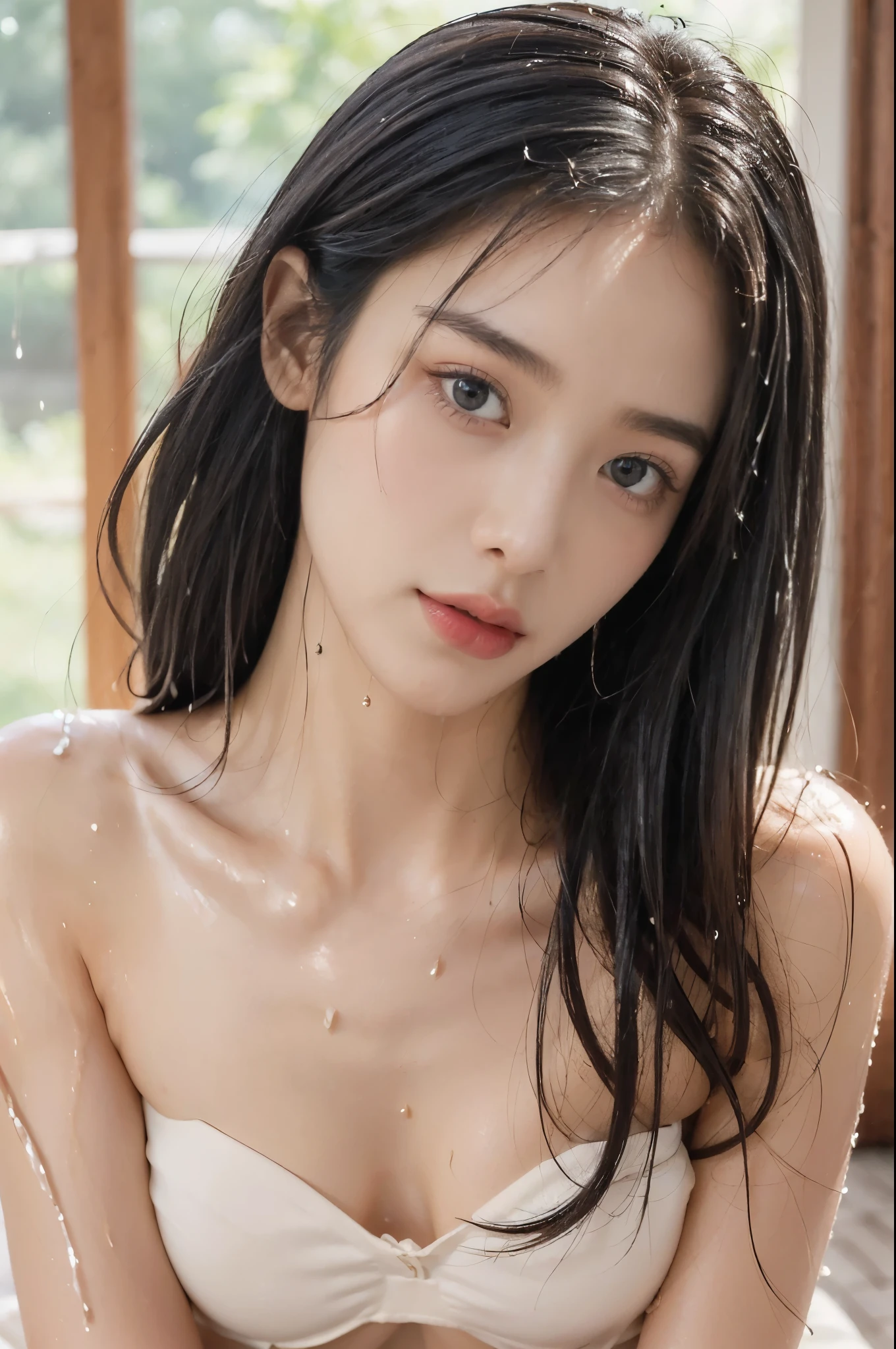 (((best quality))),(((ultra detailed))),(((masterpiece))),illustration,((1 beautiful girl,solo)),(blush:1.3),(sweat:1.5),(wet:1.5),(shiny skin:1.5),((slim,thin)),((small breasts,flat chest)),serene, Japanese countryside, summer, (strapless white bra:1.3),resilience, vitality, Japanese-style room, tatami mats, paper sliding doors, natural light, warm ambiance, minimalistic furniture, harmony, nature, human existence, radiant complexion,(shoulder length straight hair:1.2), ethereal, determination, unwavering spirit, adversity, stunning appearance, captivating, interplay of light and shadow, intricate details, heat, strength, tranquility, inner peace, summer beauty, human subject,resilience,(watermelon:1.2),(((from front,close-up of face)))