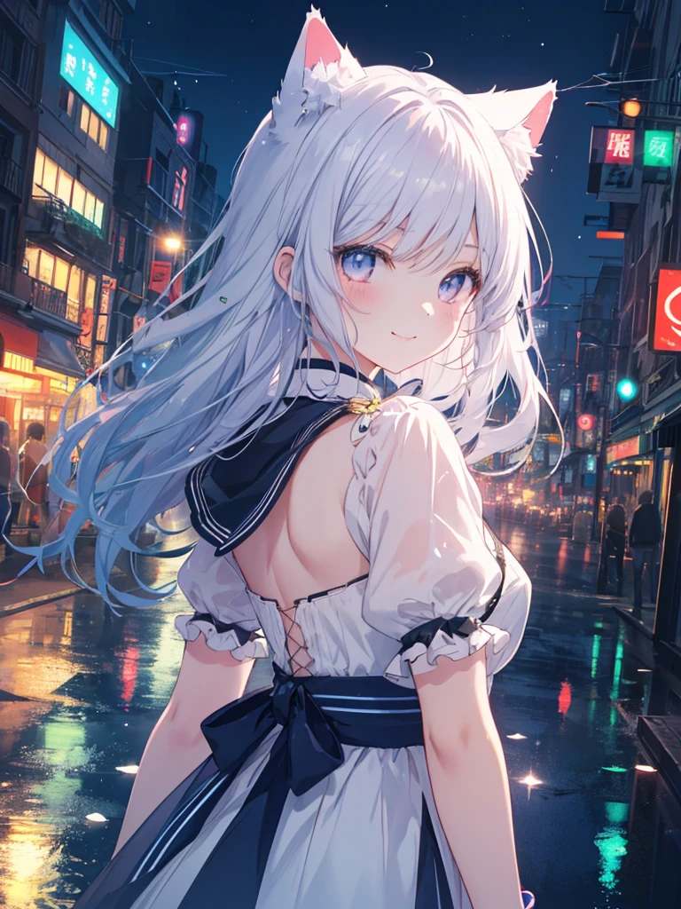 Absurd, High resolution, (Anime Style:1.1), ((Tabletop)), ((Highest quality)), (Very detailed), (beautiful), alone, beautiful face、(lift),、beautiful Fine Star々、Cute girl in cute clothes standing on high hill、私はとてもbeautifulです, Delicate and detailed urban night view、One Girl、beautiful colorful hair, Colorful eyes,View your viewers,Lens flare,dramatic, From the back、Whole Body Ezbian、Low Angle、(Neon Light、Accessories for girls who shine with reflection:1.3)、Laughter, Cat ear, A small smile