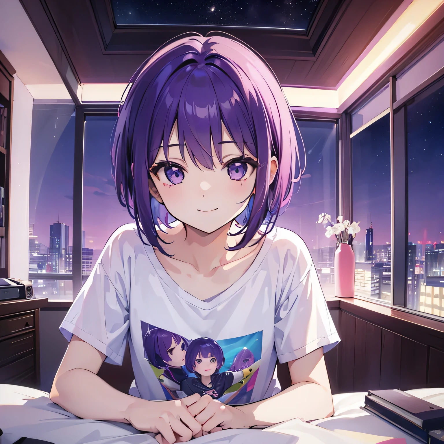 (T Masterpiece，4K wallpaper，Best Quality))、((girl１people))、(solo)、Bright and Brilliant，(Purple Hair)、(short hair:1.3)、smile、Bedroom、T-Shirts、night