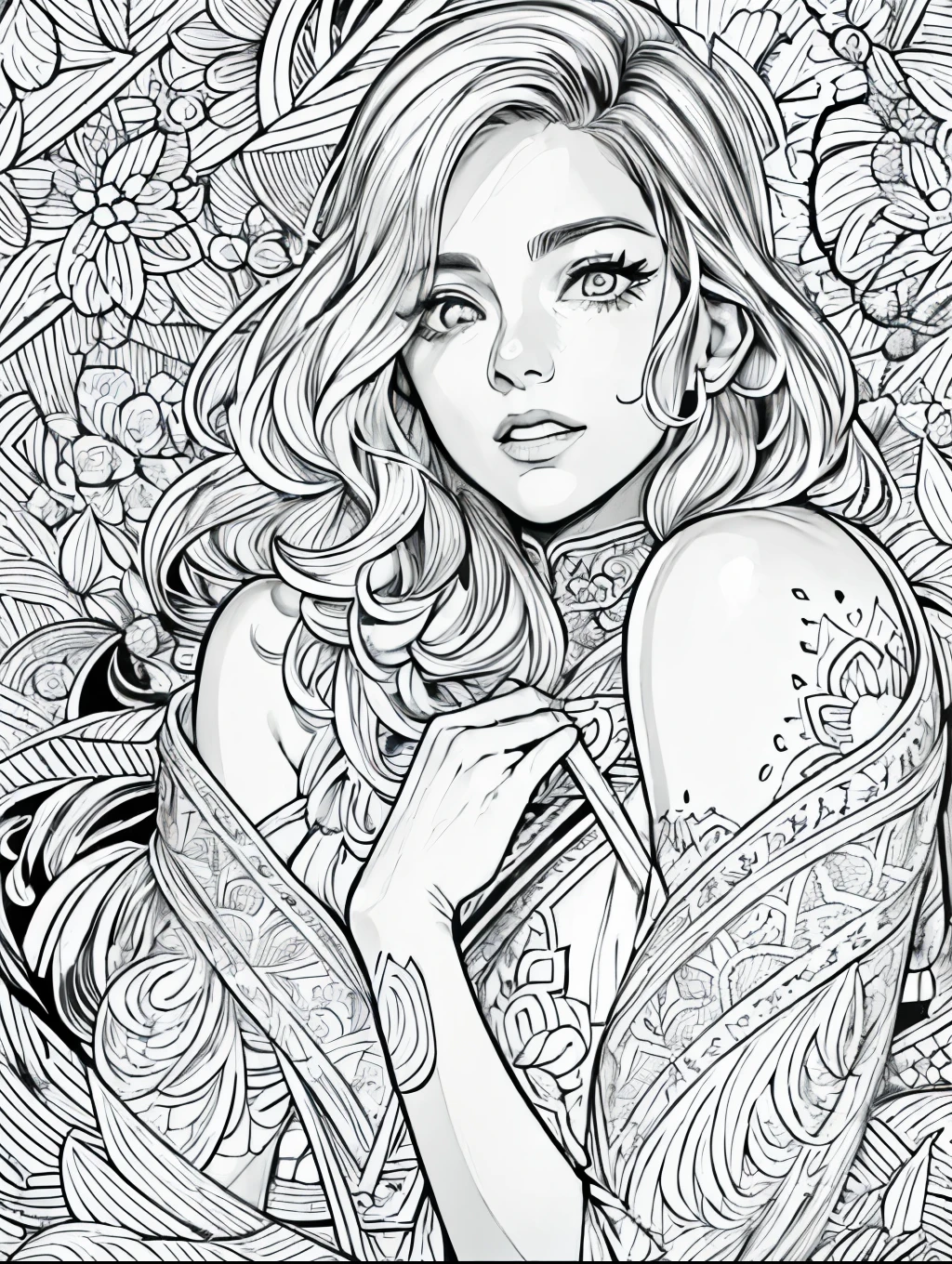 (Black and white coloring book:1.5), line drawings, masterpiece, best quality, ultra-detailed, high resolution, Very detailed face, (Eyes clear and distinct lines), Hair is white color, Upper Body shot, Woman in evening dress like in a Hollywood movie, Hyper detailed crisp black line draw, ((simple white color)), Fibonacci