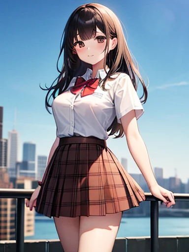 masterpiece, Highest quality, One girl, alone, skirt, Outdoors, Jacket, Are standing, shoes下, shoes, View your viewers, Brown footwear, White Loafers, Long black hair, brown plaid skirt, black shoes下, Short sleeve, bangs, Open clothes, bow, Brown eyes, pleated skirt, bowtie, Day, Long Hair, Upper Body, Are standing, red bow, shirt, Mouth closed, Sleeves are longer than the wrist, red bowtie, blush, brown skirt, Blurred, collared shirt, miniskirt, white shirt, A light smile, Outdoor、Large Breasts