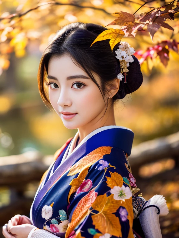 (Highest quality、 8k 、masterpiece、High resolution)、 Japanese painting、Vibrant colors、A woman wearing a kimono、(Beautiful Face,Beautiful Eyes,Beautiful nose,Pretty lips)、Japanese garden、Autumn scenery、autumn leaves、Starry Sky、Susuki、Detailed Description、