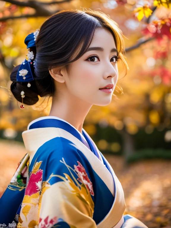 (Highest quality、 8k 、masterpiece、High resolution)、 Japanese painting、Vibrant colors、A woman wearing a kimono、(Beautiful Face,Beautiful Eyes,Beautiful nose,Pretty lips)、Japanese garden、Autumn scenery、autumn leaves、Starry Sky、Susuki、Detailed Description、