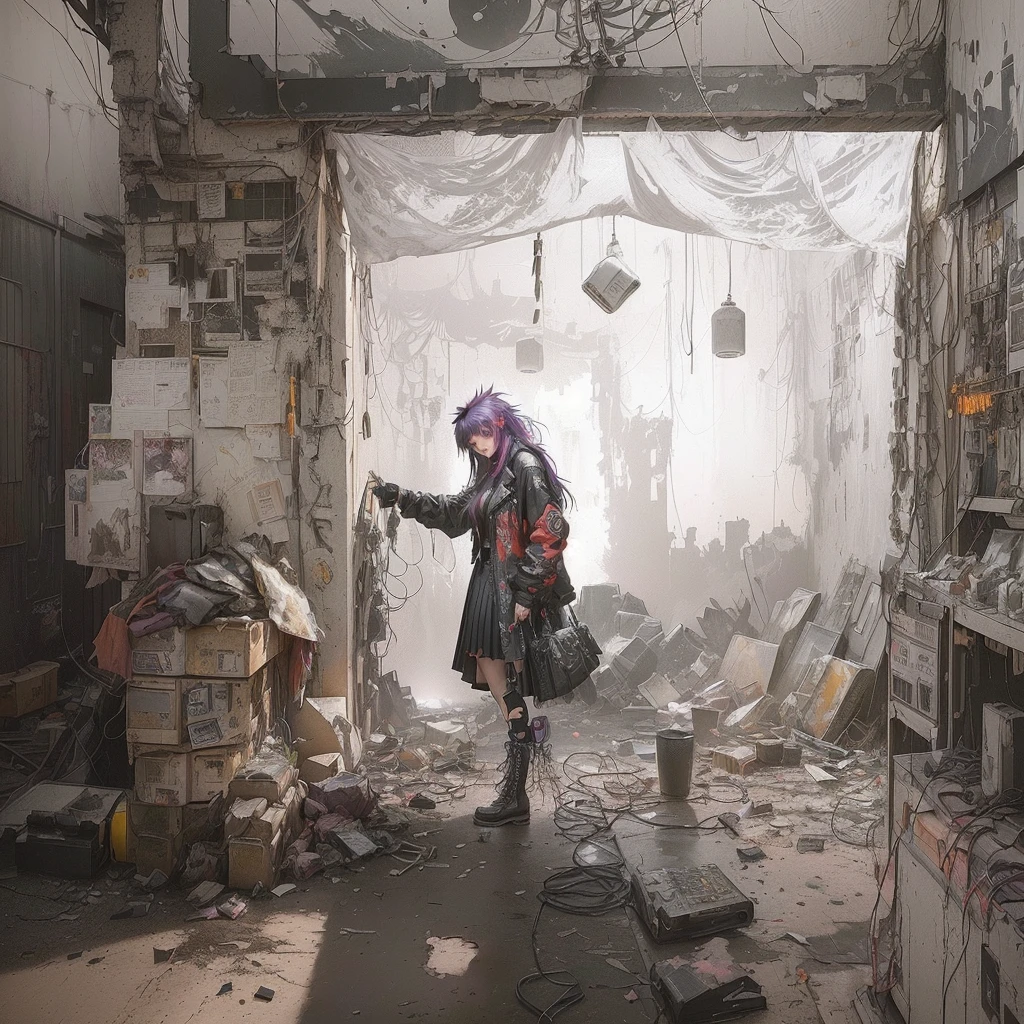 A man stands in a room with a broken window, senior concept artist, Senior Environmental Artist, Post-grunge concept art, Dusty environment, illustration concept art, Spooky and nostalgic concept art, detailed atmospheric and gritty, Video game concept art, Concept Art Digital Illustration, Disco Elysium Concept Art, award winning concept artist, Beautiful concept art, コンセプトアートイラストA 17-year-old Japanese girl with vibrant hair colors, long hair, daring hair styling, slender figure, plump cheeks. She embodies the punk rock aesthetic, dressed like a punk rocker with bold attire, large sunglasses, a defiant expression. She stands at 170 centimeters tall, weighs 30 kilograms, wears long boots, with her thighs visible under a red pleated skirt. Adorned with numerous silver accessories. Depict with distinct outlines, using colors other than black for the outlines, using colorful hues for the outlines. She's into girls' rock, punk, Electric guitar, vibrant colors, stages, and backed by a band. An underground clubhouse with colorful lighting amidst the darkness. Colorful candies resembling mountains of treats are plentiful, strewn all around. A tall, well-built man with blonde hair is present, adorned with tattoos, a nose piercing, and a split tongue.