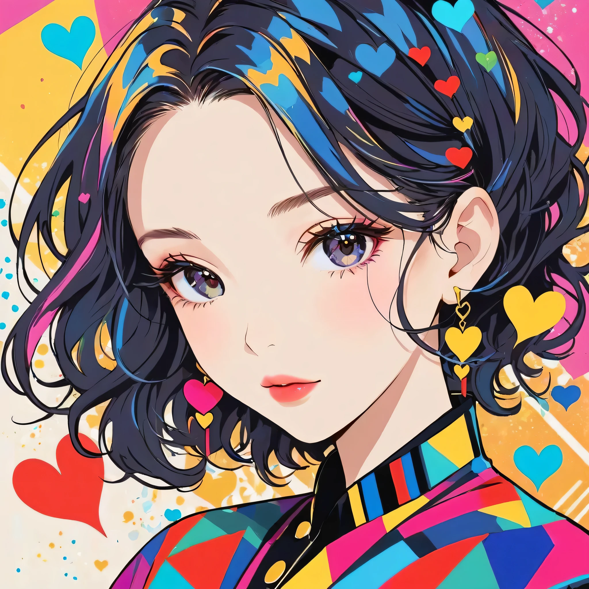 Mika Pikazo colorful style, Simple Line Initialism,Abstract art,Urban Background, (((The most beautiful girl of all time))), Sweet face. Lips in love, colorful hearts, stylish design, black eyes
