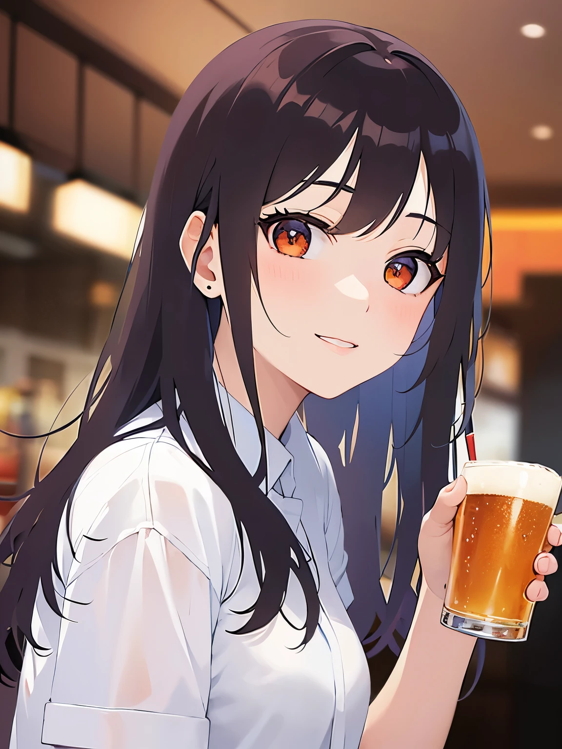 side angle, holding a beer, Upper Body, Realistic, real person, (pale skin: 1.2), RAW photo, photorealistic, shiny skin, shiny hair、(A 25-year-old woman with medium-length hair and bangs) and (wavy hair) and (brown hair) and (orange eyes) , white collared shirt 、smile, The background is the interior of a restaurant at night.、Alone、Are standing
