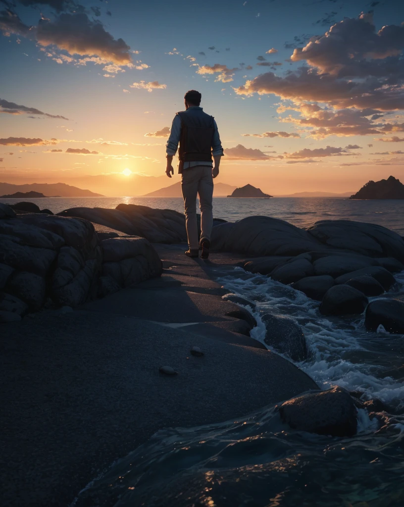photorealistic landscape, natural landscapes, naturals, Natural Beautys, golden sunset, sky, sky Power, Detailed realistic sunset, palmtrees, mountainous landscape, Rivers of water, sunset Realism, natural treess, Man Man Alone, Alpha Male, Path to Heaven, heavenly, 8K Detailed Realistic Image, 16K Photorealistic Contrast, 8K Photorealistic Sharpness, Photorealistic 4K cores, 16K Photorealistic Shadows, 8K Photorealistic Textures, 16K Photorealistic Texture, 4K Photorealistic Light, 4K PhotoRealism, FullHD 4K Detailed Contrast, detailed sharpness FullHD 8K, detailed sharpness FullHD 4K, detailed sharpness, 2K detailed colors, lifelike colors, FullHD Detailed Shadows, 4K Detailed Textures, detailed texture, padoru, sunshine light, seas, ocean, mountains, Divine Heavens, Detailed Realistic Panorama 4K, Alone Men, Loneliness, loneliness, natural beautifuls, chic, 