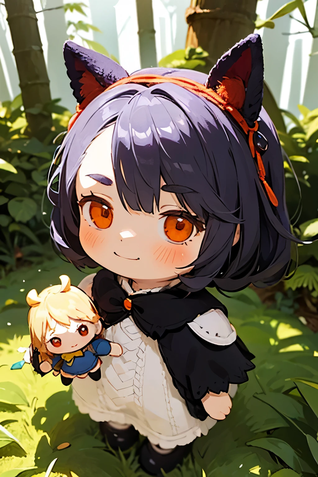 Photorealistic、Cute horror fantasy、ちび女の子doll（Devil Cosplay、Wicked Smile、Sagging under the eyes、Long eyebrows、Long nails、Orange eyes、Wear a long, big cloak） BREAK ,background(dollの周りに音符, (dead tree:1.3), in the forest,shadow　the cardboard\(Bat,doll,Crow\)\)