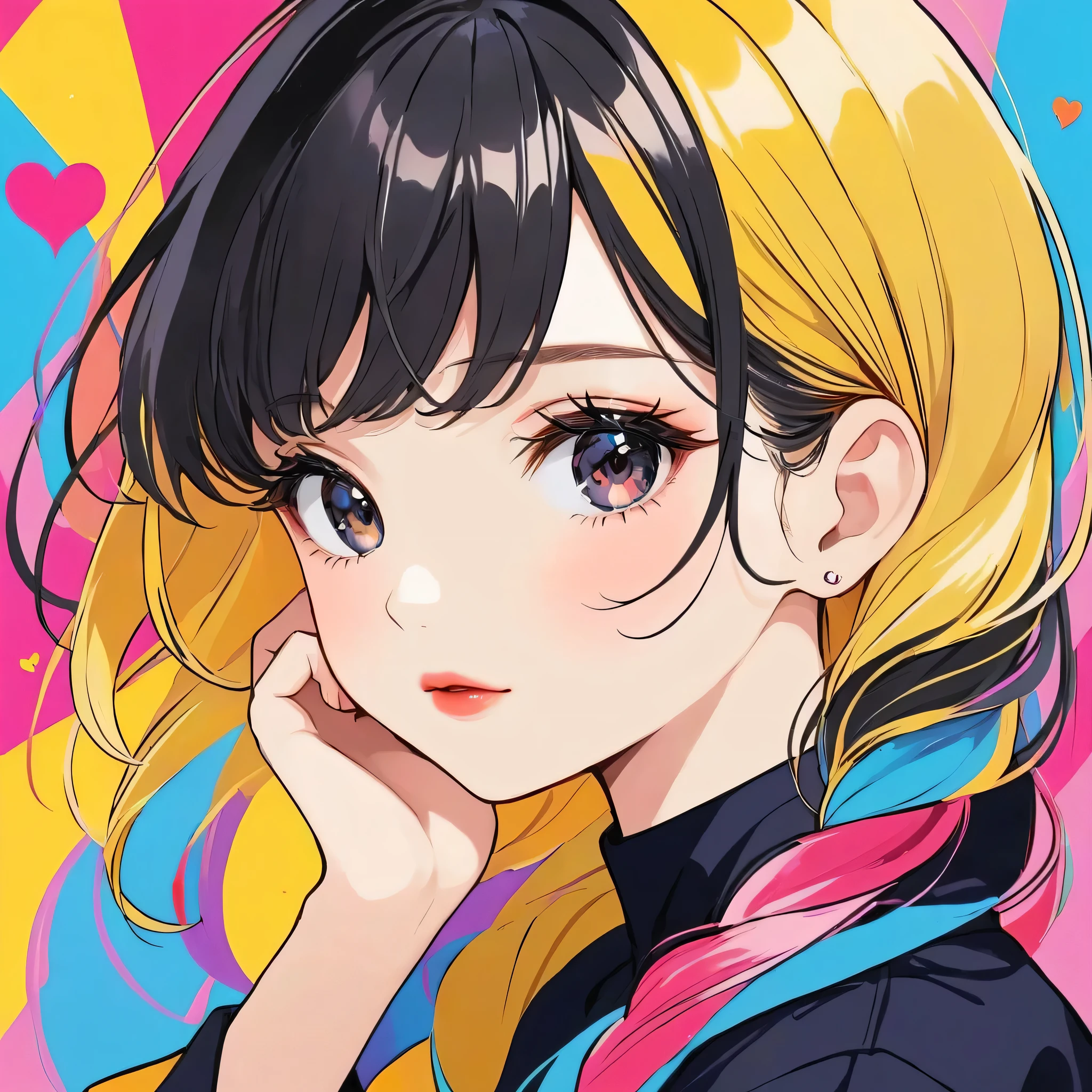 Mika Pikazo colorful style, Simple Line Initialism，Abstract art，Urban Background, (((The most beautiful girl of all time))), Sweet face. Lips in love, colorful hearts, stylish design, black eyes