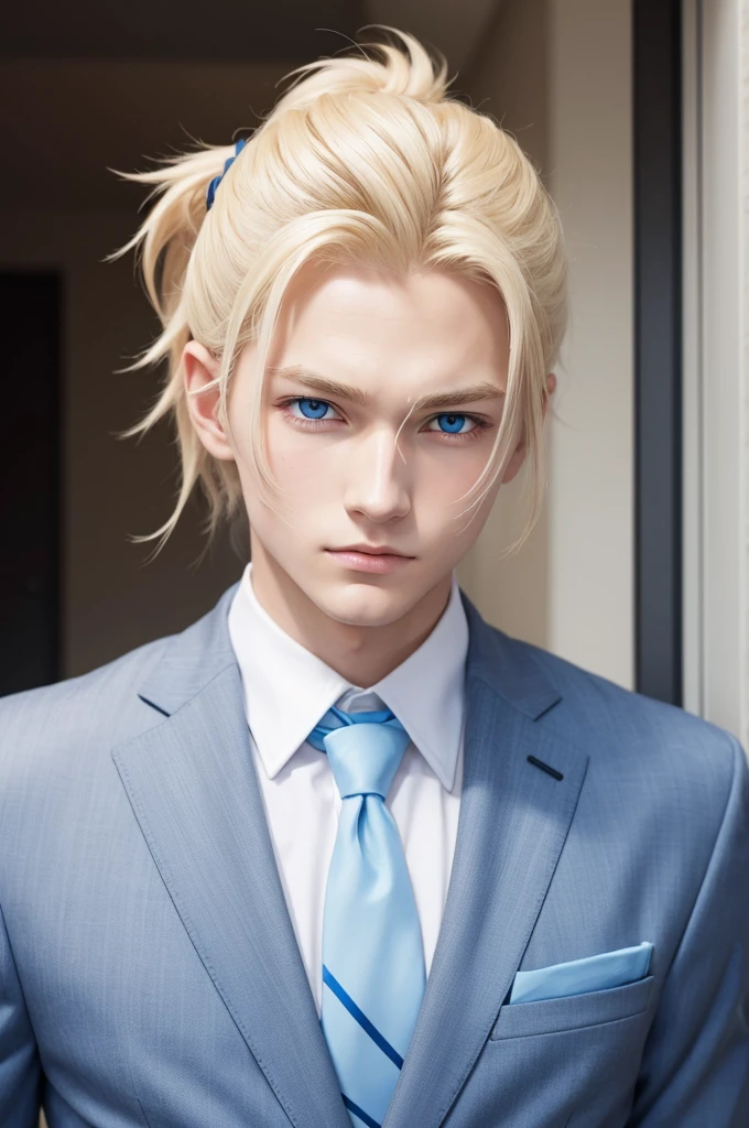 A blonde anime boy, with hair tied back, with blue eyes and a suit.