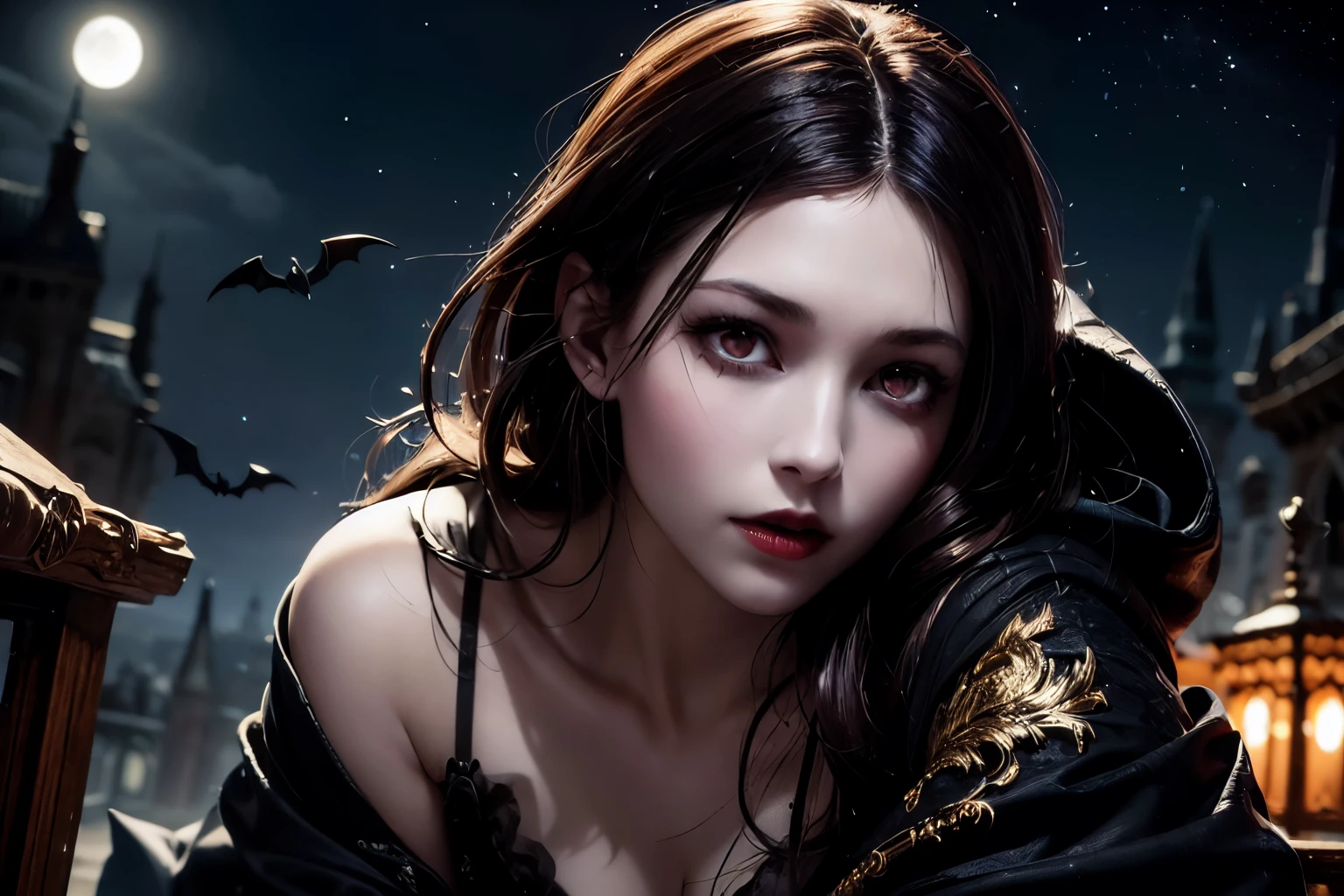 Photo of an exquisite and beautiful female vampire standing on the porch of her castle under a starry night sky, dynamic angle (very detailed, masterpiece, best quality), very detailed face (very detailed, masterpiece, best quality), extremely feminine, gray skin, cherry redhead, wavy hair, dynamic eye color, cold eyes, shining eyes, intense gaze, dark red lips, [canine], wearing a white dress (very detailed, masterpiece, best quality), Blue Cloak (very detailed, masterpiece, best quality), Long cloak, flowing cloak (very detailed, masterpiece, best quality), high heel boots, Sky background full of stars, moon, flying bats, high details, best quality, 8k, [very detailed], masterpiece, best quality, (very detailed), whole body, ultra wide shot, photorealism, dark fantasy art, dark fantasy art, gothic art, Many stars, dark fantasy art, gothic art, fear,