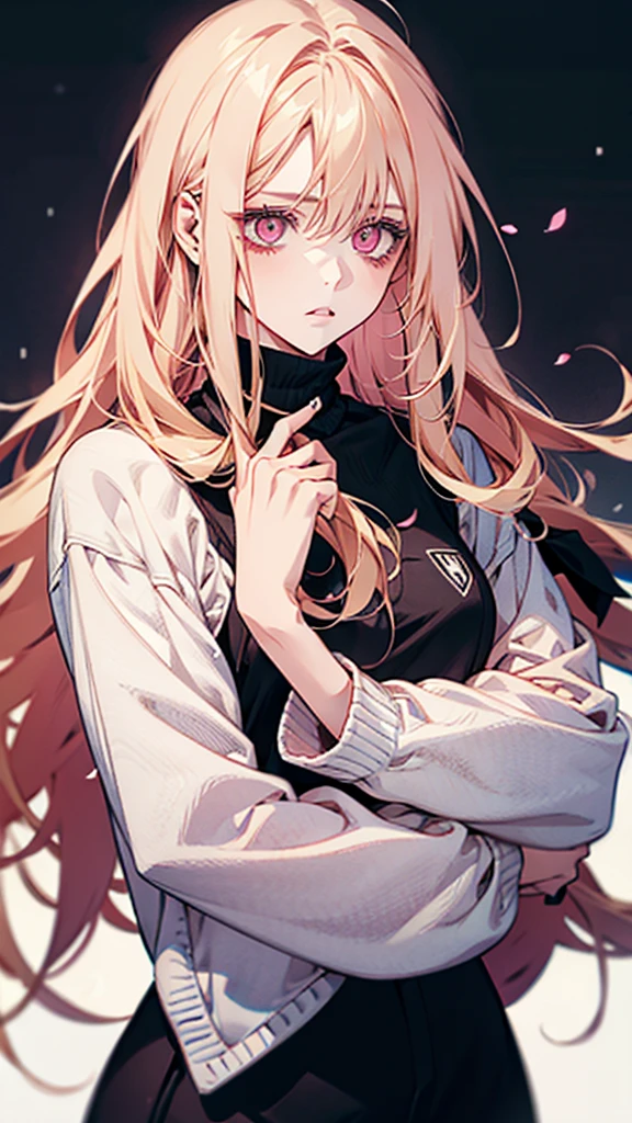 A woman with long, wild hair, pink eyes, blonde hair, wearing modern clothes, cute, sweet.