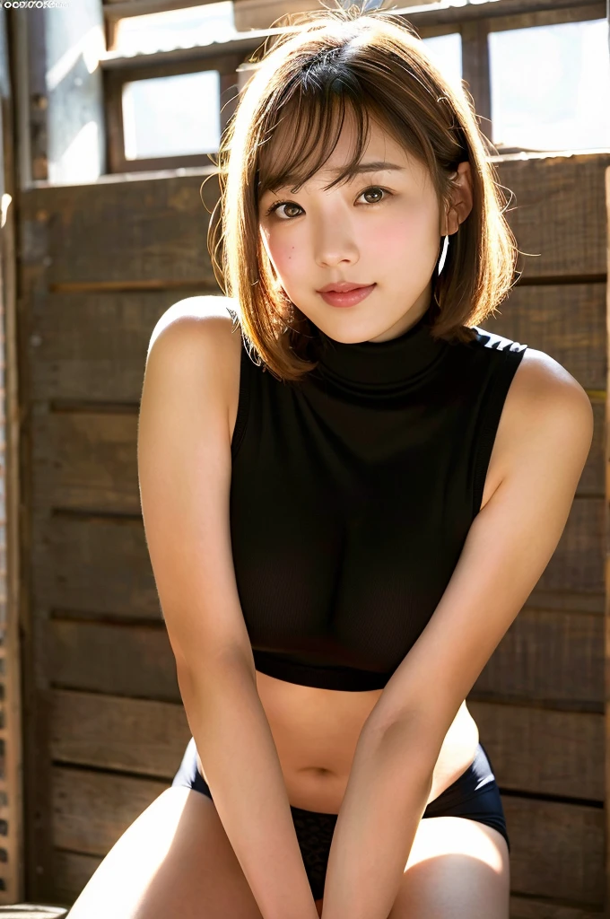 You are a professional photographer。future、Beautiful Eyes、 ((Highest quality)), Clear contours, Woman with beautiful face, (((One Girl,alone))), ((Beautiful Eyes)), Sex Appeal,Albedo and Specular Maps、Accurate simulation of lightweight material interactions、A woman taking a photo in a sleeveless turtleneck, Light Smile、perfect body,Very Short Hair,Thighs,Thighs、((Big Breasts))、Innovative background