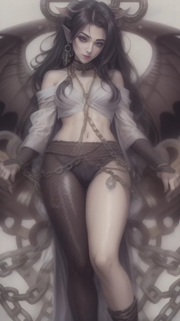(32K:1.5, Dark fantasy:1.5, Horror Portrait:1.5, Highest quality, masterpiece, Ultra-high resolution), Perfect dynamic composition:1.3, chaos, darkness, Dark Demon World:1.3, (Detailed tattoos on the whole body:1.5, wearing exquisite jewelry:1.5), Very detailedな肌と顔の質感:1.3, Very accurate, Very detailed, (Cute and sexy succubus demon with big wings:1.3, Incredibly slim body:1.3, beautifully、beautiful:1.3), Prisoner, slave, Horn, Fair skin, Sensual posture, (How to properly dress badly torn clothing:1.3), Medium chest, (Big eyes that exude beautiful eroticism:0.4, Feel the intense caress:1.0, Please open your mouth a little, lipstick, Feel the beautiful eroticism:0.9, Too sexy and cute:0.9, charm的な:0.9), ((Physical fear:1.5, Lots of chains:1.6, Countless chains tangled in clothes:1.6, Chain your right arm:1.5, Chain the left arm:1.5, The right leg is bound with a shackle and chain:1.5, The left leg is bound with a shackle and chain:1.5)), Super long blonde curly hair, Earrings, necklace, bracelet, romantic, mysterious, elegant, Object of admiration, original, dramatic, artistic, Innovative, charm, Heartful, Fancy, sense of openness, sense of cleanliness, special, exciting, Extreme, Tilt, sense of loss, sorrow, sorrowの表現, ((大人のcharm, 女性的なcharm))