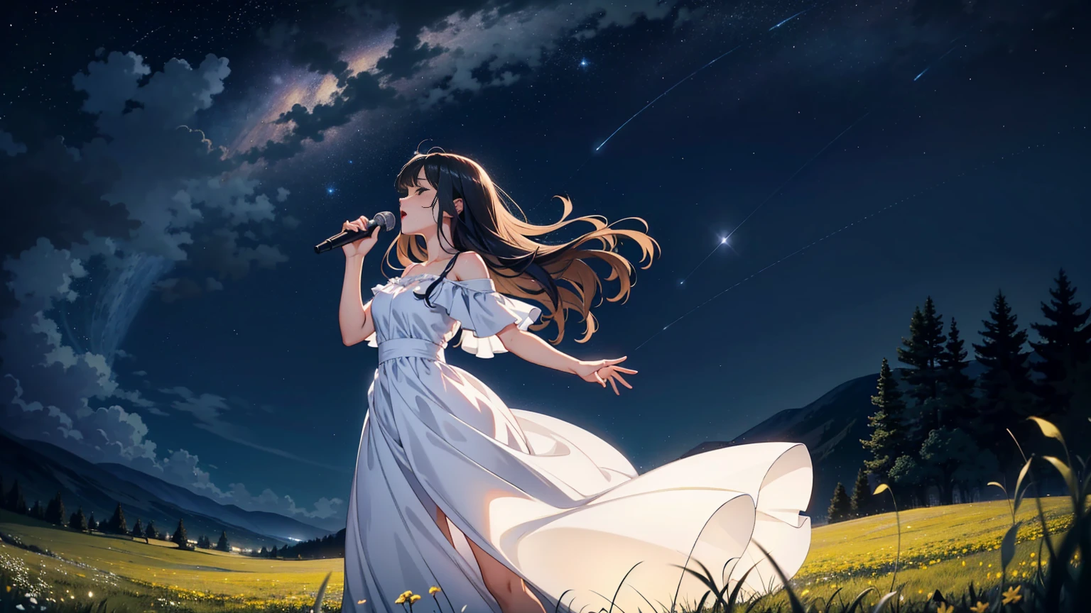A woman singing in a nighttime meadow. She is wearing a flowing dress that moves gently with the breeze, and her hair is loose, cascading over her shoulders. The night sky above is filled with stars and a glowing moon, casting a serene light over the scene. The meadow is filled with tall grasses and wildflowers, swaying gently. Her expression is passionate and serene as she sings, and she is illuminated by soft, ambient light, creating a magical and tranquil atmosphere.