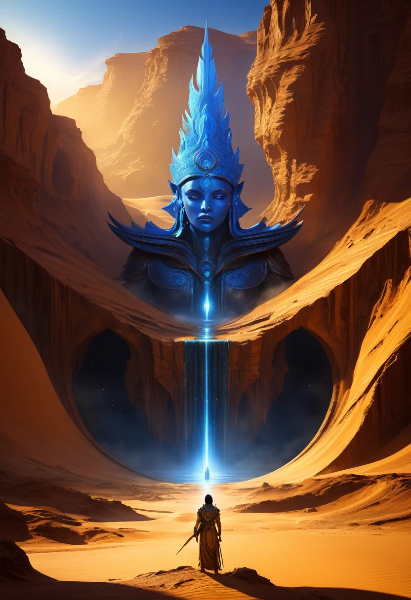 Oracle of the Ochre Oasis, Adoptable, Cannibal, new attitude, Life is Strent, Ego Death, Blue orthur, Spectacular Lighting, Golden hour, Noah Bradley, eddie mendoza,anton de ravinci, trending on artstation, cgsociety, patrick demeo,trevor henderson, Smooth gradients, High contrast, depth of field, very coherent symmetrical artwork