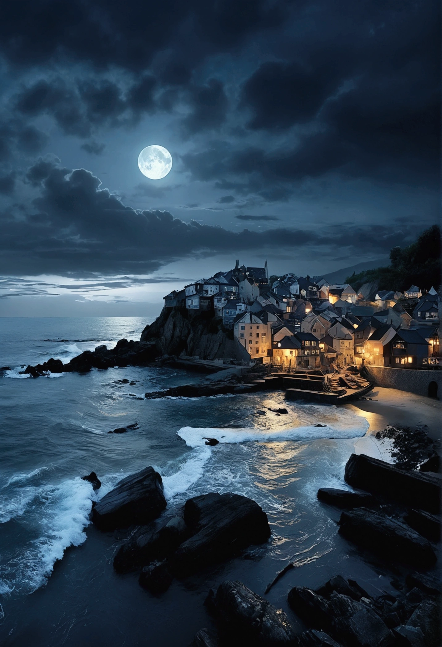 ((dark, dark atmosphere:1.4)), (masterpiece, best quality), ((scenery))), ((no humans:1.4)), dark fantasy, 16th century, (fishing village on the shore: 1.2), (wind, cloudy, dark clouds:1.3), (undersea, waves, foam:1.2), (moonlight, evening:1.4), ( motion blur), wide angle, dramatic, 16k wallpapers, anime screenshots, (absurd, highly detailed, intricate high detail: 1.4), depth of field, atmospheric perspective,