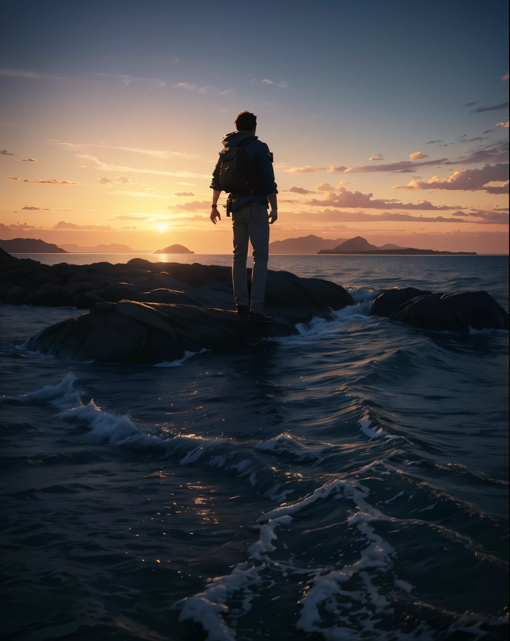 photorealistic landscape, natural landscapes, naturals, Natural Beautys, golden sunset, sky, sky Power, Detailed realistic sunset, palmtrees, mountainous landscape, Rivers of water, sunset Realism, natural treess, Man Man Alone, Alpha Male, Path to Heaven, heavenly, 8K Detailed Realistic Image, 16K Photorealistic Contrast, 8K Photorealistic Sharpness, Photorealistic 4K cores, 16K Photorealistic Shadows, 8K Photorealistic Textures, 16K Photorealistic Texture, 4K Photorealistic Light, 4K PhotoRealism, FullHD 4K Detailed Contrast, detailed sharpness FullHD 8K, detailed sharpness FullHD 4K, detailed sharpness, 2K detailed colors, lifelike colors, FullHD Detailed Shadows, 4K Detailed Textures, detailed texture, padoru, sunshine light, seas, ocean, mountains, Divine Heavens, Detailed Realistic Panorama 4K, Alone Men, Loneliness, loneliness, natural beautifuls, chic,