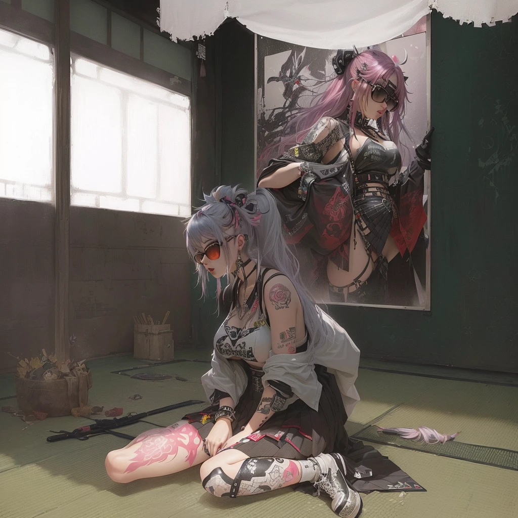 There is a photo of a woman with a knife in her hand., Gwaiz, artwork in the style of Gwaiz, Pixiv contest winner, At Pixiv, by Shimo, Gwaiz masterpiece, feudal japan art, Singey, Gwaiz on ピクシブ artstation, ピクシブA 17-year-old Japanese girl with vibrant hair colors, long hair, daring hair styling, slender figure, plump cheeks. She embodies the punk rock aesthetic, dressed like a punk rocker with bold attire, large sunglasses, a defiant expression. She stands at 170 centimeters tall, weighs 30 kilograms, wears long boots, with her thighs visible under a red pleated skirt. Adorned with numerous silver accessories. Depict with distinct outlines, using colors other than black for the outlines, using colorful hues for the outlines. She's into girls' rock, punk, Electric guitar, vibrant colors, stages, and backed by a band. An underground clubhouse with colorful lighting amidst the darkness. Colorful candies resembling mountains of treats are plentiful, strewn all around. A tall, well-built man with blonde hair is present, adorned with tattoos, a nose piercing, and a split tongue.