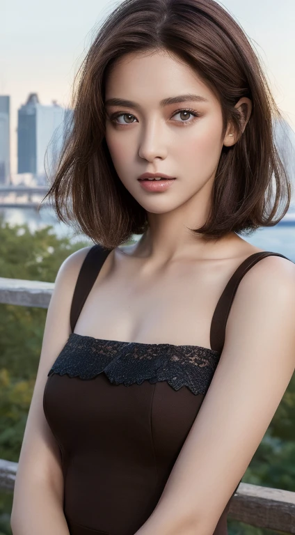 ((Highest quality, 8k, masterpiece: 1.3)), Sharp focus: 1.2, Perfect figure: 1.4, Slim Abs: 1.2, ((Dark brown hair, : 1.4)), dress: 1.1), City of night, Highly detailed face and skin texture, Beautiful Eyes, double eyelid