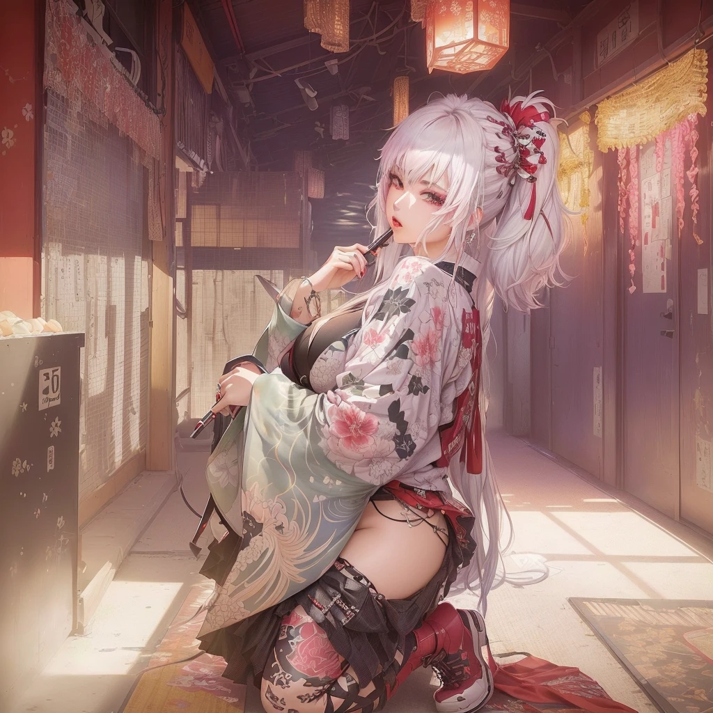 Anime girl in kimono sitting on the floor holding a folding fan, Gwaiz on pixiv artstation, Gwaiz on artstation pixiv, Gwaiz, artwork in the style of Gwaiz, Best anime 4k konachan wallpaper, Gwaiz masterpiece, Smooth anime CG art, 2. 5d cgi anime fantasy artwork, White Haired God A 17-year-old Japanese girl with vibrant hair colors, long hair, daring hair styling, slender figure, plump cheeks. She embodies the punk rock aesthetic, dressed like a punk rocker with bold attire, large sunglasses, a defiant expression. She stands at 170 centimeters tall, weighs 30 kilograms, wears long boots, with her thighs visible under a red pleated skirt. Adorned with numerous silver accessories. Depict with distinct outlines, using colors other than black for the outlines, using colorful hues for the outlines. She's into girls' rock, punk, Electric guitar, vibrant colors, stages, and backed by a band. An underground clubhouse with colorful lighting amidst the darkness. Colorful candies resembling mountains of treats are plentiful, strewn all around. A tall, well-built man with blonde hair is present, adorned with tattoos, a nose piercing, and a split tongue.