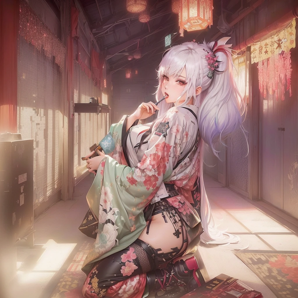 Anime girl in kimono sitting on the floor holding a folding fan, Gwaiz on pixiv artstation, Gwaiz on artstation pixiv, Gwaiz, artwork in the style of Gwaiz, Best anime 4k konachan wallpaper, Gwaiz masterpiece, Smooth anime CG art, 2. 5d cgi anime fantasy artwork, White Haired God A 17-year-old Japanese girl with vibrant hair colors, long hair, daring hair styling, slender figure, plump cheeks. She embodies the punk rock aesthetic, dressed like a punk rocker with bold attire, large sunglasses, a defiant expression. She stands at 170 centimeters tall, weighs 30 kilograms, wears long boots, with her thighs visible under a red pleated skirt. Adorned with numerous silver accessories. Depict with distinct outlines, using colors other than black for the outlines, using colorful hues for the outlines. She's into girls' rock, punk, Electric guitar, vibrant colors, stages, and backed by a band. An underground clubhouse with colorful lighting amidst the darkness. Colorful candies resembling mountains of treats are plentiful, strewn all around. A tall, well-built man with blonde hair is present, adorned with tattoos, a nose piercing, and a split tongue.