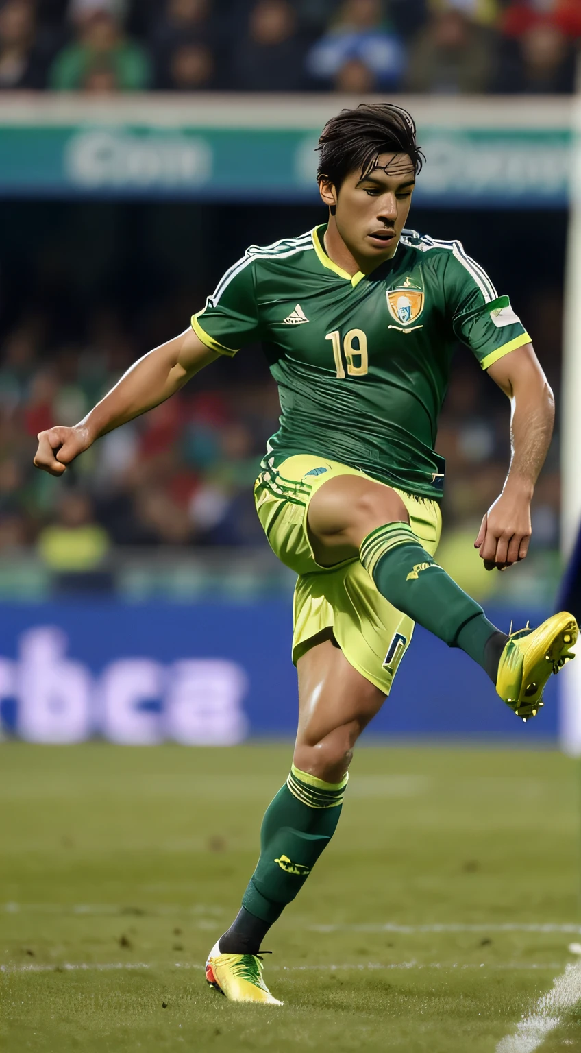 Bolivian-looking football player, with a beautiful face, looks down, kicks a soccer ball, to score a goal, dressed in green football uniform, full height, excellent quality, Photo, футбольная Photoграфия