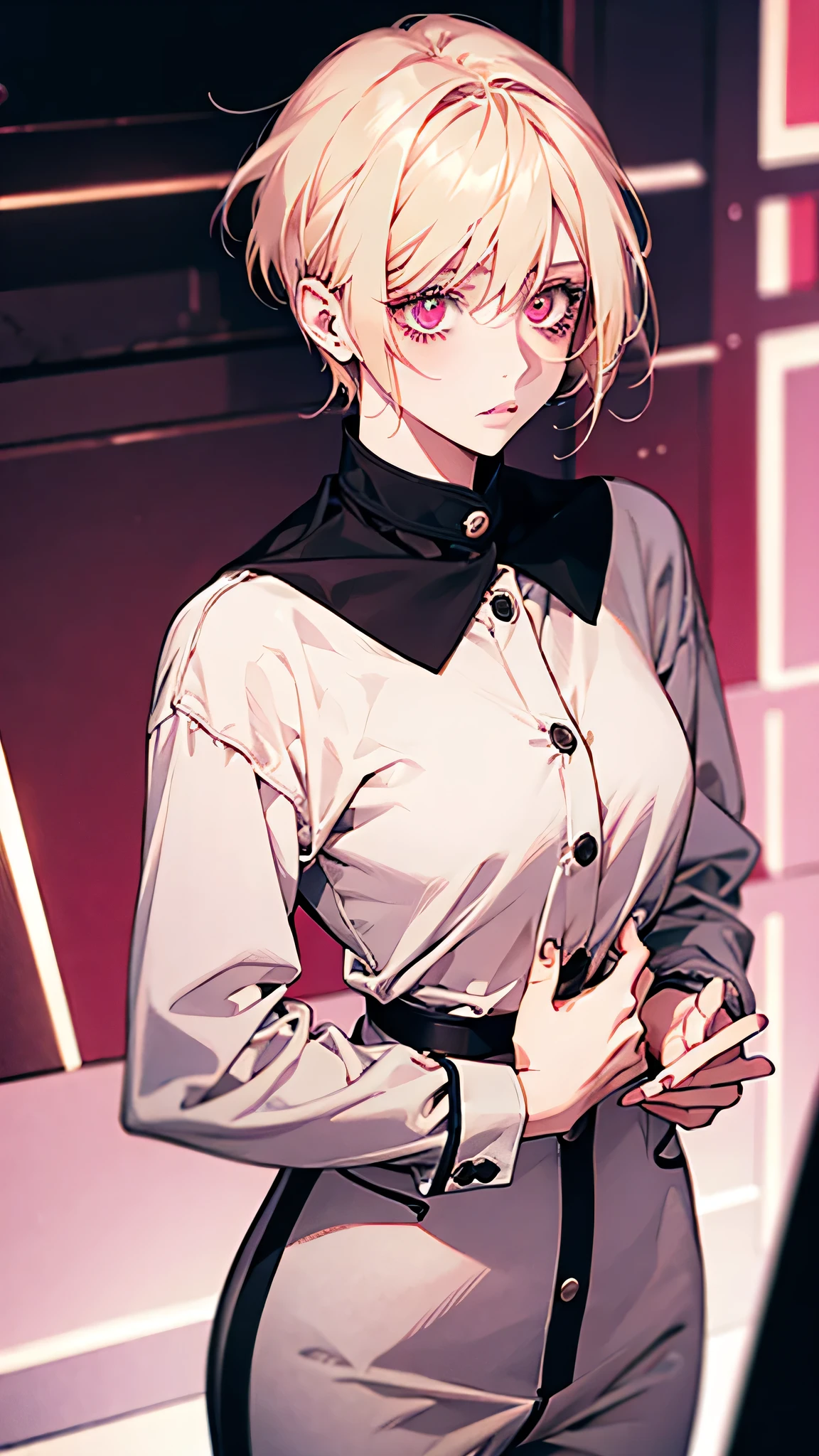 A woman with short hair, pink eyes, blonde hair, wearing modern clothes, cute, sweet.