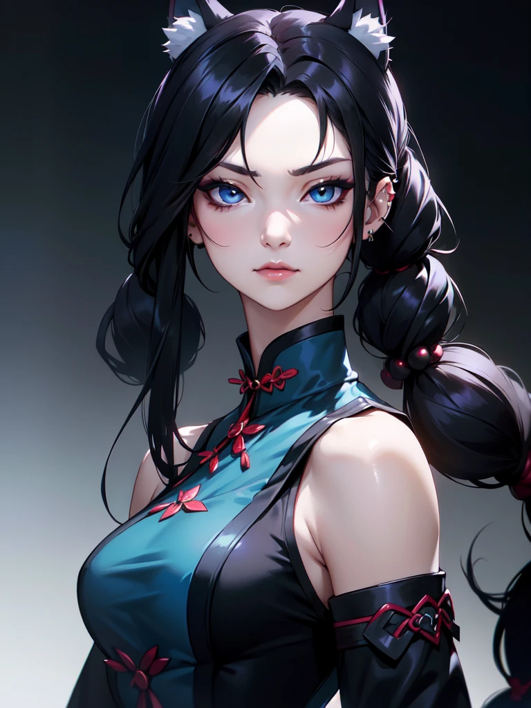 (((Portrait Photo))), She has the Appearance of a Regal Teenager, with a Strong, Muscular Build that Radiates Power and Elegance. She has Long Black Hair, Styled in Odango-Shaped Buns with Thin Pigtails, which Resemble Wolf Ears. Her Icy Blue Eyes Reflect the Piercing Gaze of a Husky—Intense, Intelligent, and Unyielding. She is Dressed in a Traditional Black Cheongsam with Loose Sleeves, and Side Slits, Revealing Her Breasts. Her Expression is Calm and Composed, with a Subtle, Knowing Smirk, Perfectly Embodying the Essence of Pride and Excellence. (((High Quality, Dark Background))), (((Portrait Photo)))