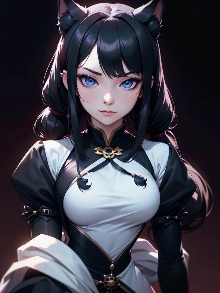 (((Portrait Photo))), She has the Appearance of a Regal ager, with a Strong, Muscular Build that Radiates Power and Elegance. She has Long Black Hair, Styled in Odango-Shaped Buns with Thin Pigtails, which Resemble Wolf Ears. Her Icy Blue Eyes Reflect the Piercing Gaze of a Husky—Intense, Intelligent, and Unyielding. She is Dressed in a Traditional Black Cheongsam with Loose Sleeves, and Side Slits, Revealing Her Breasts. Her Expression is Calm and Composed, with a Subtle, Knowing Smirk, Perfectly Embodying the Essence of Pride and Excellence. (((High Quality, Dark Background))), (((Portrait Photo)))