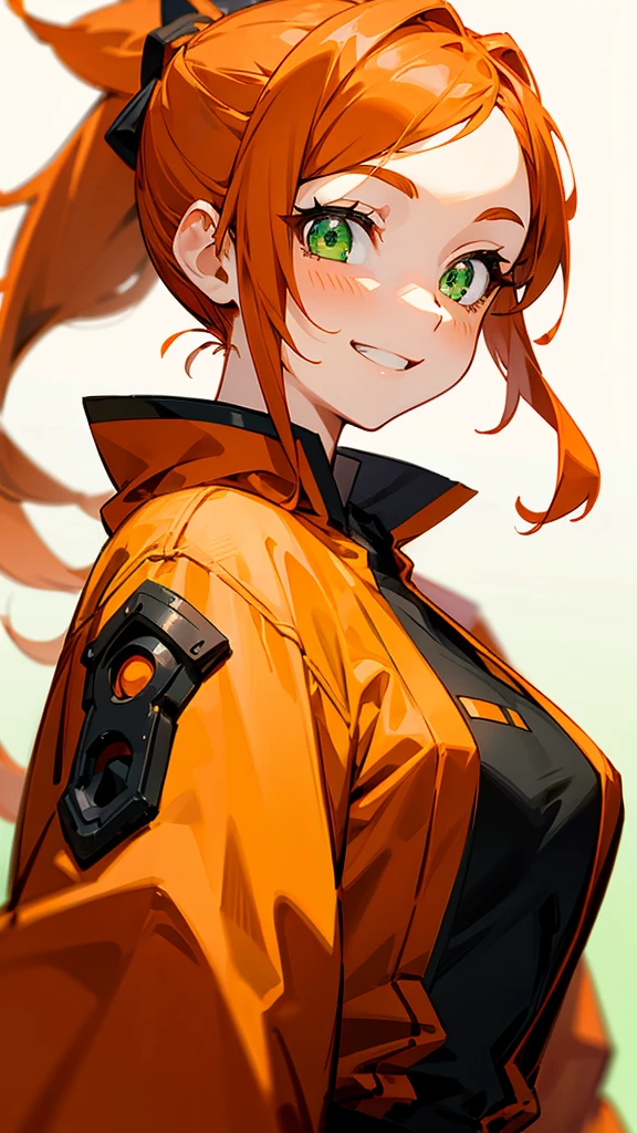 1 girl、Anime Images、Orange clothes、Orange Hair、ponytail、Beautiful green eyes、Grin、From the side、Upper body close-up