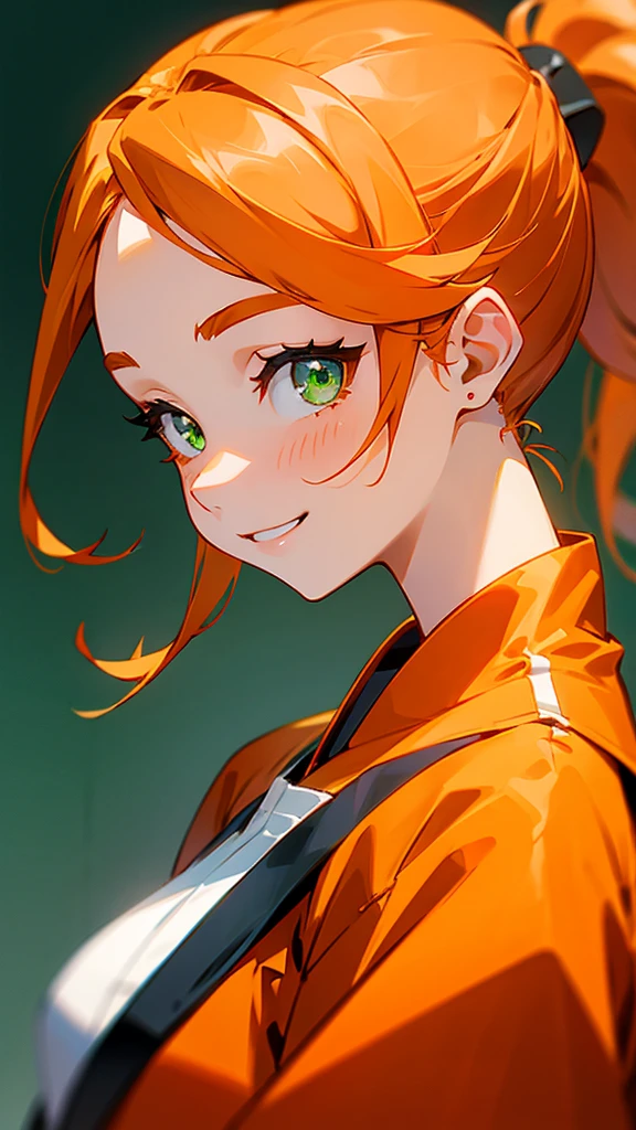 1 girl、Anime Images、Orange clothes、Orange Hair、ponytail、Beautiful green eyes、Grin、From the side、Upper body close-up