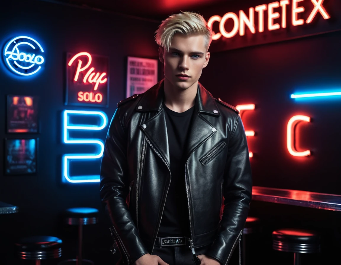 Hyper realistic, dark vibes, solo, young male fashion model, round face shape, 22 years, pale skin, blue eyes, (textured blond hair:1.1), tussled layered fringe, (holding a knife up:1.1) black leather jacket, dark lighting, in luxury strip club room, (smirk:1.1), (neon sign in background that says "CONTEXT":1.1)