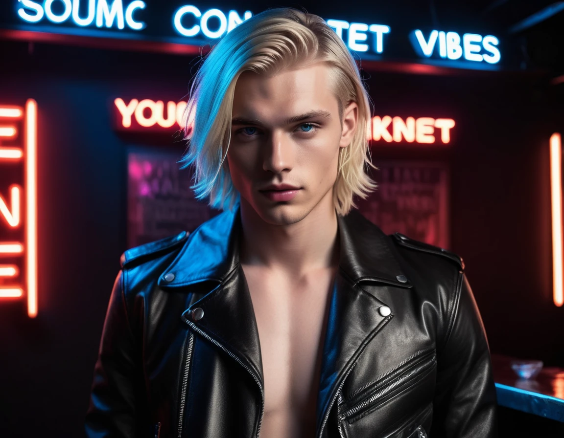 Hyper realistic, dark vibes, solo, young male fashion model, round face shape, 22 years, pale skin, blue eyes, (textured blond hair:1.1), tussled layered fringe, (holding a knife up:1.1) black leather jacket, dark lighting, in luxury strip club room, (smirk:1.1), (neon sign in background that says "CONTEXT":1.1)