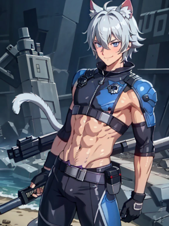 ((Fine details)), Best Shadow,Cinema Lighting,Highest quality,((Very detailed)) masterpiece Gray Hair get wet The suit was torn naked sweating Delicate body Muscular young man Ryona Skin is visible in places Fallen Cat ear Enduring Belt on crotch Wet ground Thick tail large delicate eyes Side view blue eyes Purple Eyes Shadowed eyes Blushing Panic Lively Hard hair 上半身naked Grinning widely shout