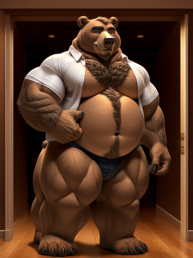 furry, fur taur, beartaur, middle-age, solo, detailed face, bear ears, bear eyes(brown), bear nose(black), bear mouth, garibaldi beard(grey), mature hair(grey), white shirt, open shirt detailed arms, thick arms, muscular, thick hands(5 fingers), detailed body belly, thick body, muscle belly(white), thick chest, chest hair(grey), detailed taur body, thick taur body, thick bear paws, thick bear tail, full body shot, standing