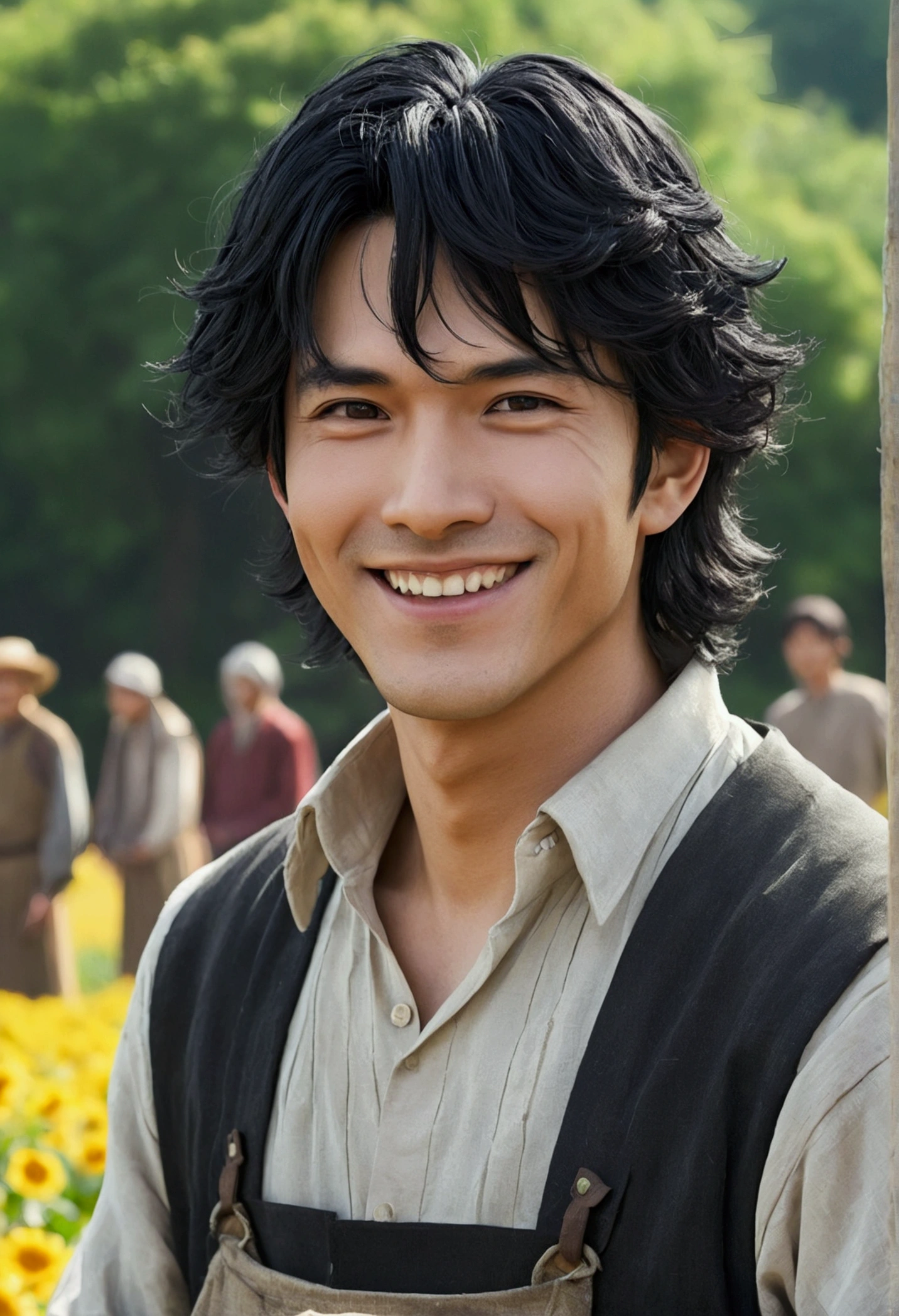 Highest quality, 8k resolution, anime, Black Hair, Adult, male, 20th Anniversary, Optimistic, Farmer, poor, Medieval, smile, Bright expression, Gray Festival, Very detailed, masterpiece, 32K